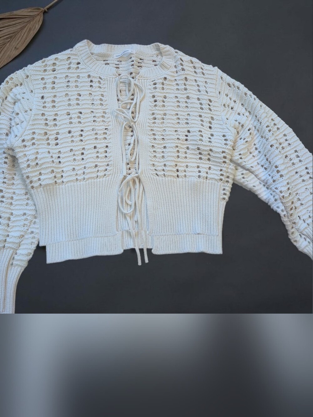 Crochet Openwork Tie-Front Sweater Cardigan - Cream